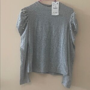 Zara Gray Blouse with Pearl Accents